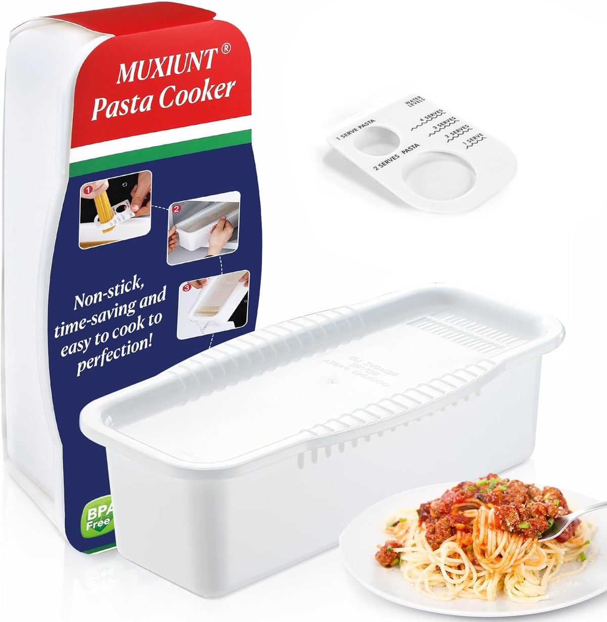 Microwave Pasta Cooker with Strainer Lid & Built-in Measuring Card