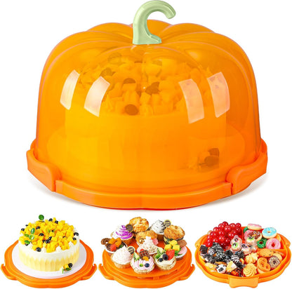 Zhehao 10 Inch Fall Cake Carrier Holds, Pumpkin Cake Stand with Lid and Handle, Halloween Autumn Harvest Plastic Transport Storage Container, Suitable for Transporting Pies, Cupcakes and More(White)