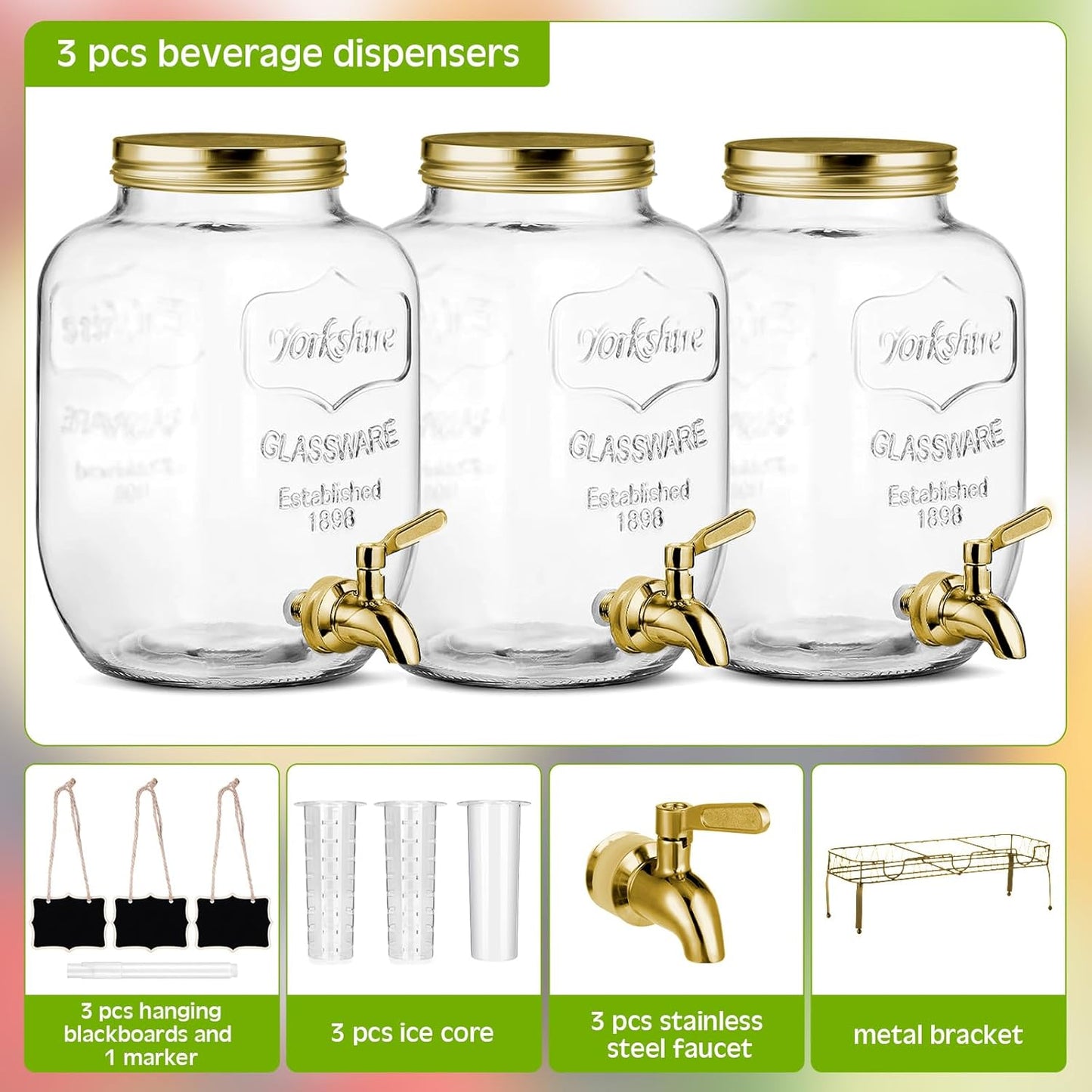 Lallisa 3 Pcs 2.5 Gallon Beverage Dispensers for Parties Glass Drink Water Dispenser with Stand Stainless Steel Leakproof Spigot Ice Cylinder Hanging Chalkboard Signs Pen(Silver)