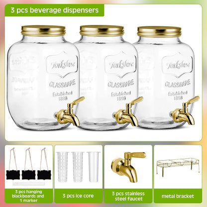 Lallisa 3 Pcs 2.5 Gallon Beverage Dispensers for Parties Glass Drink Water Dispenser with Stand Stainless Steel Leakproof Spigot Ice Cylinder Hanging Chalkboard Signs Pen(Silver)