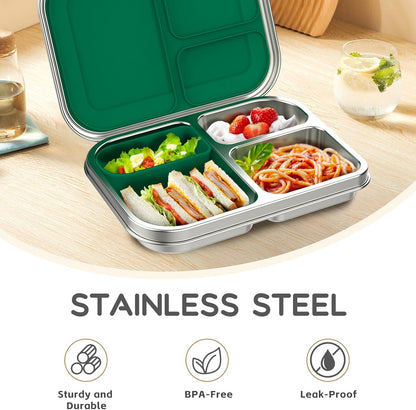 BOSEDSANG Stainless Steel Kids Leak-Resistant Bento Lunch Box, 3-Compartments with Silicone Container, Dishwasher-Safe, Child-Friendly Design for School, Picnics & Travel,BPA-Free(Pink)