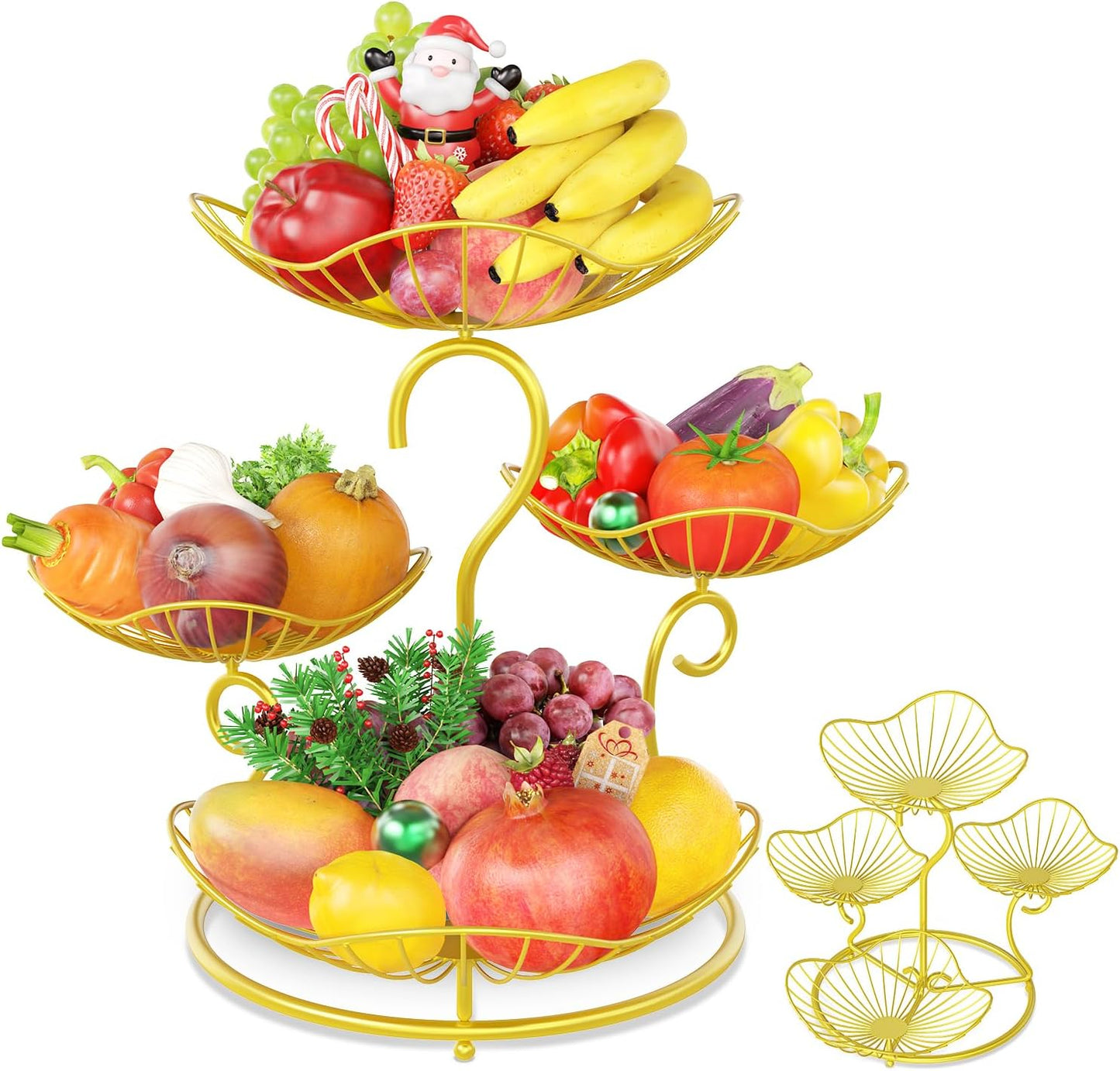 PouHenier.jh 3 Tier Rotating Fruit Basket Bowl, Kitchen Counter Wire Produce Organizer Holder, Stable Vegetable Storage Stand with 2 Banana Hangers, Countertop Tiered Veggie Rack, Easy Setup, Black
