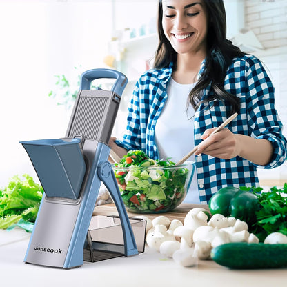 Jonscook All-in-1 Update Safe Mandoline Slicer for Kitchen, Food Chopper with Container, Thickness Adjustable Vegetable Chopper, Potato French Fry Cutter Tomato Apple Slicer Onion (BlackKnight)