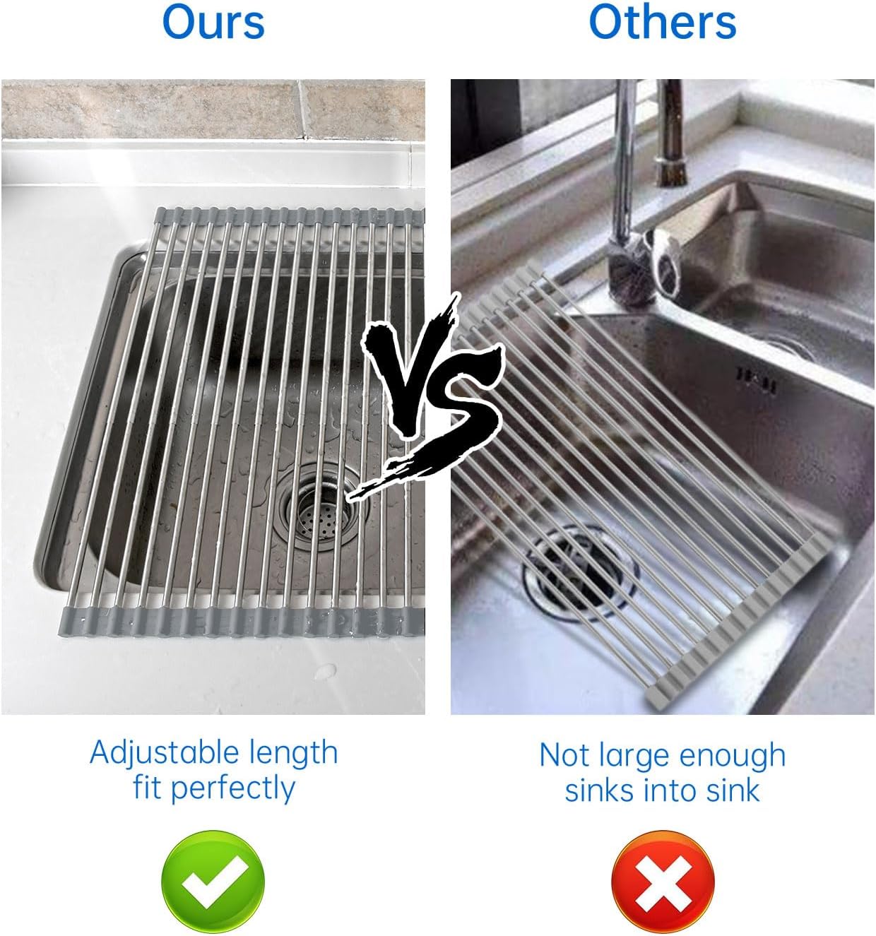Expandable Roll Up Dish Drying Rack Over The Sink Rack, Foldable Dish Drainer Rack Stainless Steel for Large Sink, Silicone Rollable Collapsible Rack 18 Tube for Kitchen(Sliver,12.8'' to 21.25”)