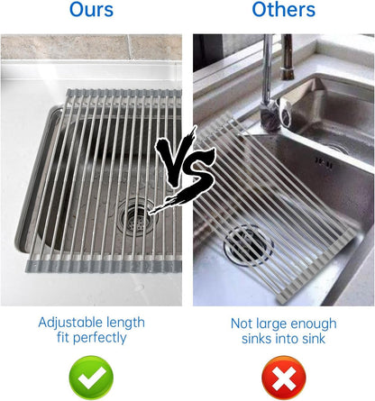 Expandable Roll Up Dish Drying Rack Over The Sink Rack, Foldable Dish Drainer Rack Stainless Steel for Large Sink, Silicone Rollable Collapsible Rack 18 Tube for Kitchen(Sliver,12.8'' to 21.25”)