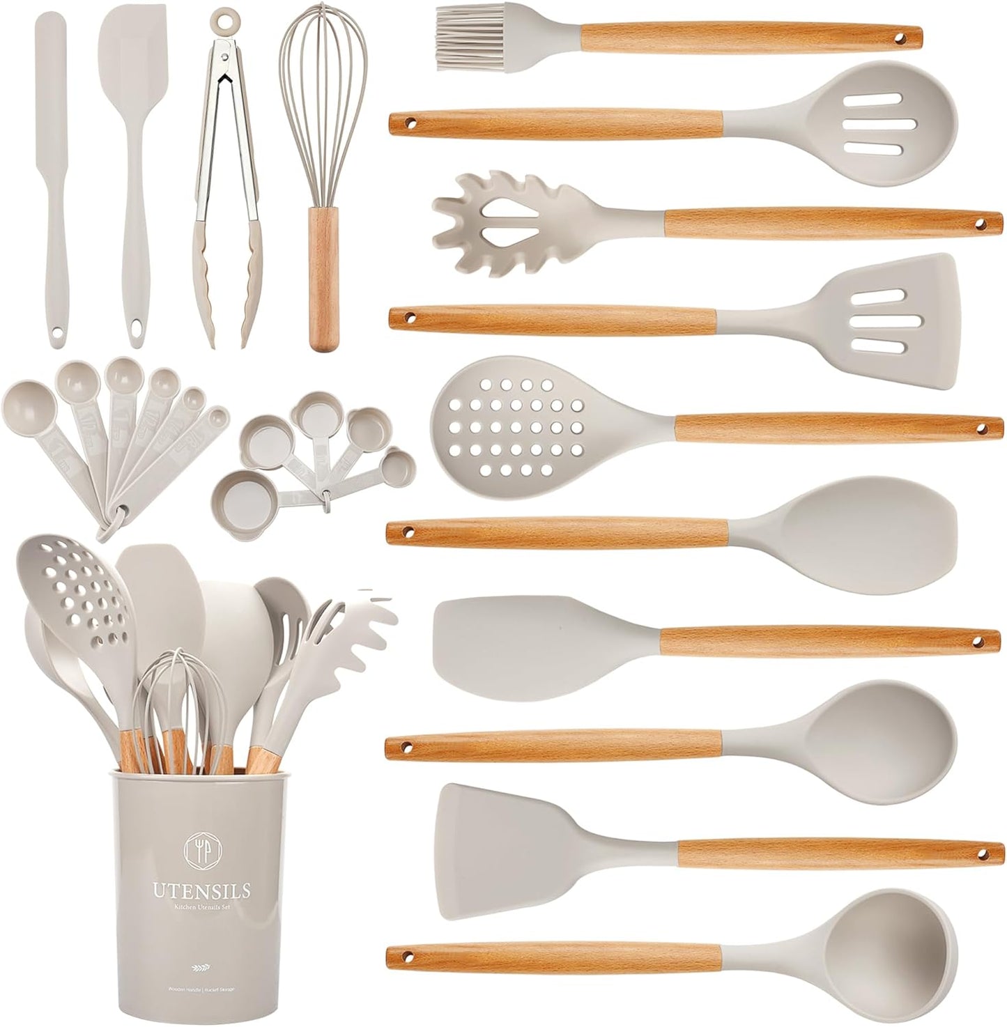 Hvygss Kitchen Utensils Set with Wooden Handle, 26 Pieces Heat Resistance Silicone Cooking Utensils Set with Holder, Food Grade Non-Stick Silicone Spatula, Kitchen Set for Cooking (Khaki)