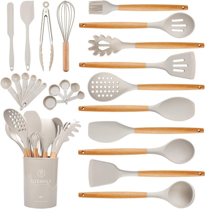 Hvygss Kitchen Utensils Set with Wooden Handle, 26 Pieces Heat Resistance Silicone Cooking Utensils Set with Holder, Food Grade Non-Stick Silicone Spatula, Kitchen Set for Cooking (Khaki)