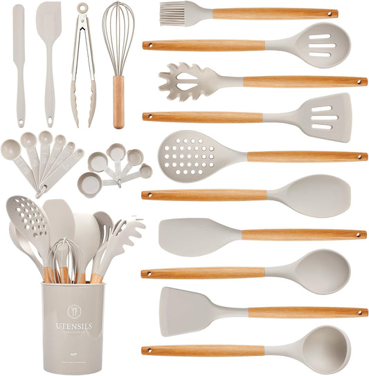 Hvygss Kitchen Utensils Set with Wooden Handle, 26 Pieces Heat Resistance Silicone Cooking Utensils Set with Holder, Food Grade Non-Stick Silicone Spatula, Kitchen Set for Cooking (Khaki)