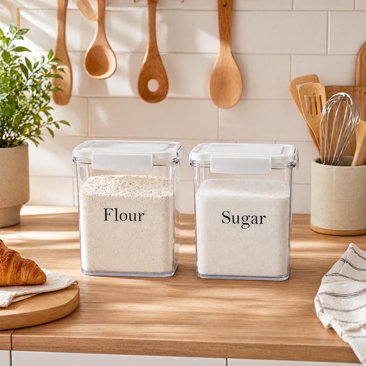 Set of 2 Large Food Storage Jars 4L - Airtight Containers with Lids, White with Free Spoon - Kitchen Canisters for Sugar,Flour,Coffee,Pantry Organization-S
