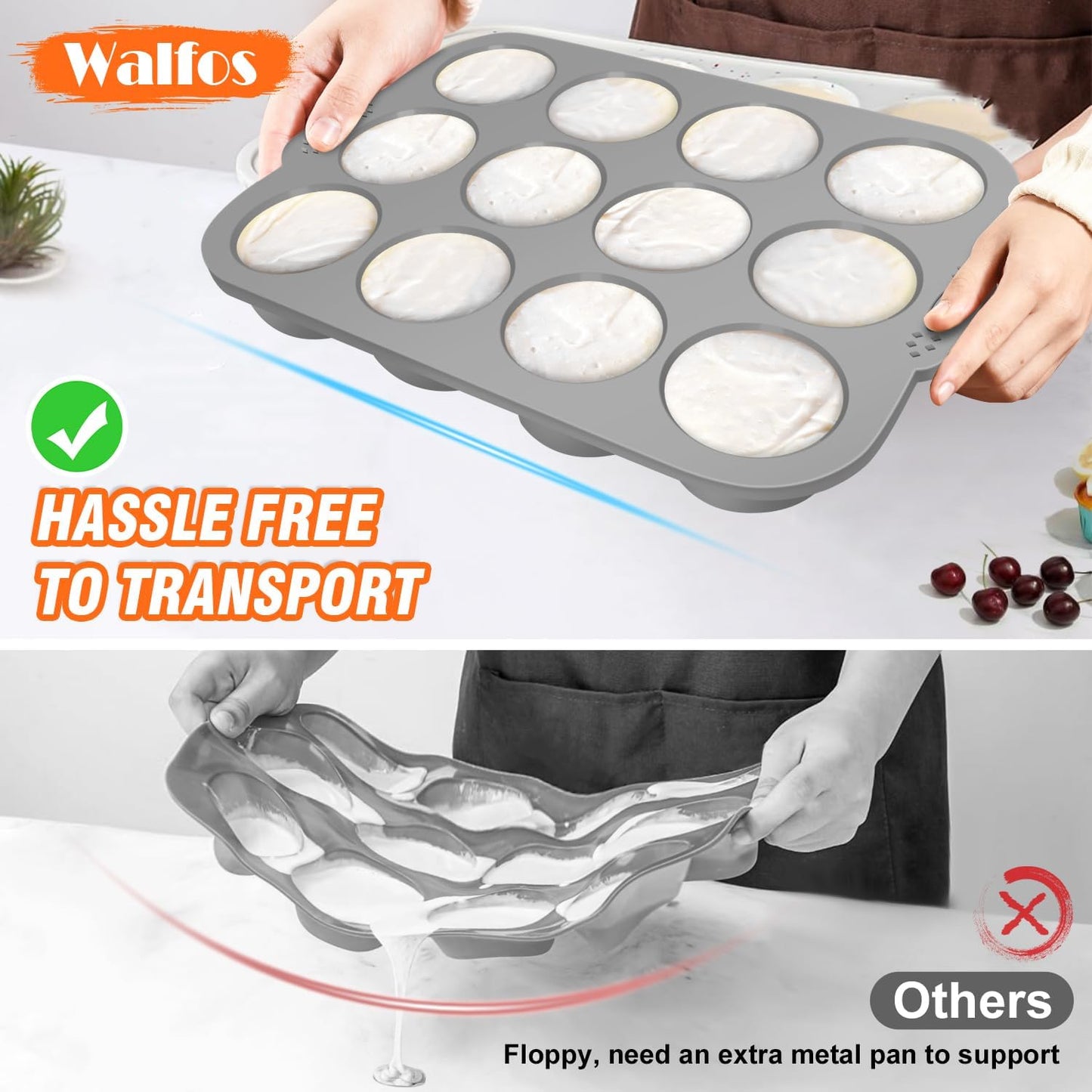 Walfos Silicone Muffin Pan - 12 Cups Regular Silicone Cupcake Pan, Non-stick Great for Making Muffin Cakes, Tart, Bread - BPA Free and Dishwasher Safe