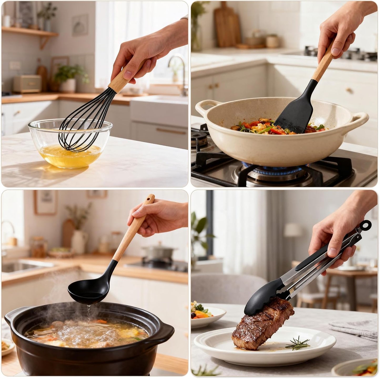 Silicone Cooking Utensil Set,12 PCS Cooking Cookware Kitchen Utensils Set for Cooking, Nonstick 446°F Heat-Resistant Cookware Kitchen Tools of Spoon,Brush,Whisk,Spatula,Turner Tongs (Khaki)