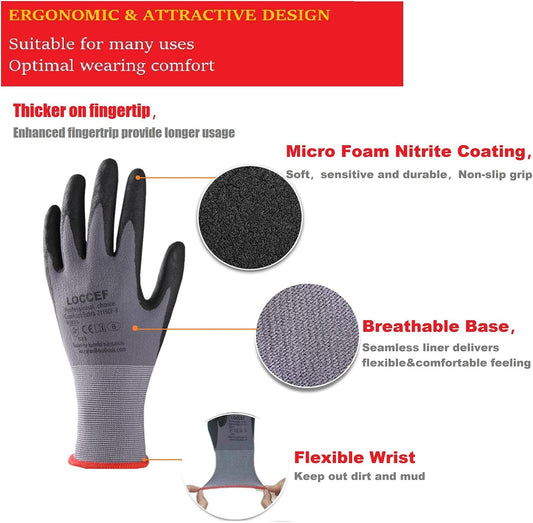 LOCCEF Safety Work Gloves Nylon MicroFoam Nitrile Coated Gloves