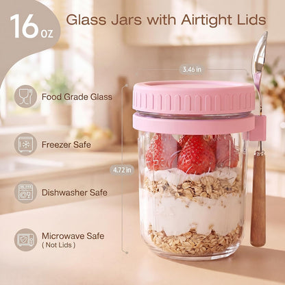 HomArtist 16oz Glass Overnight Oats Containers with Lids and Spoons, 4 Pack | Wide Mouth Glass Jars with Airtight Lids, Perfect for Chia Pudding, Yogurt, Salad & Cereal Meal Prep Storage, Food Safe