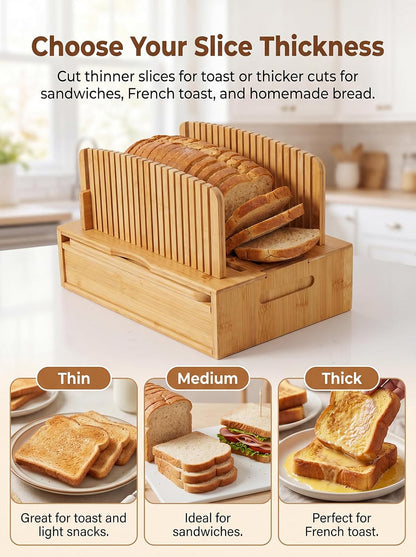 Natural Bamboo Bread Slicer, Bread Slicer Guide for Homemade Bread, Foldable Space-Saving Loaf Guide with Crumb Tray, Adjustable Thickness for Even Slices, Sturdy Cutter for Sourdough and Toast