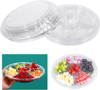 10 Pcs Round Plastic Appetizer Tray with Lid Divided Serving Tray Disposable Food Storage Trays Containers Plastic Tray Storage Snack Fruit Vegetable Trays for Party (black, 13.7 x 13.7 x 2 Inch)