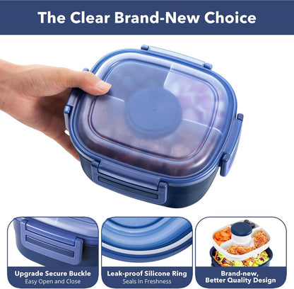 Salad Container for Lunch - 55 oz Salad Bowl with 4-Compartment Bento-Style Tray, 3 oz Sauce Box, Reusable Spork & BPA-Free, Lunch Box for Meal Prep & Food Storage(Gray)