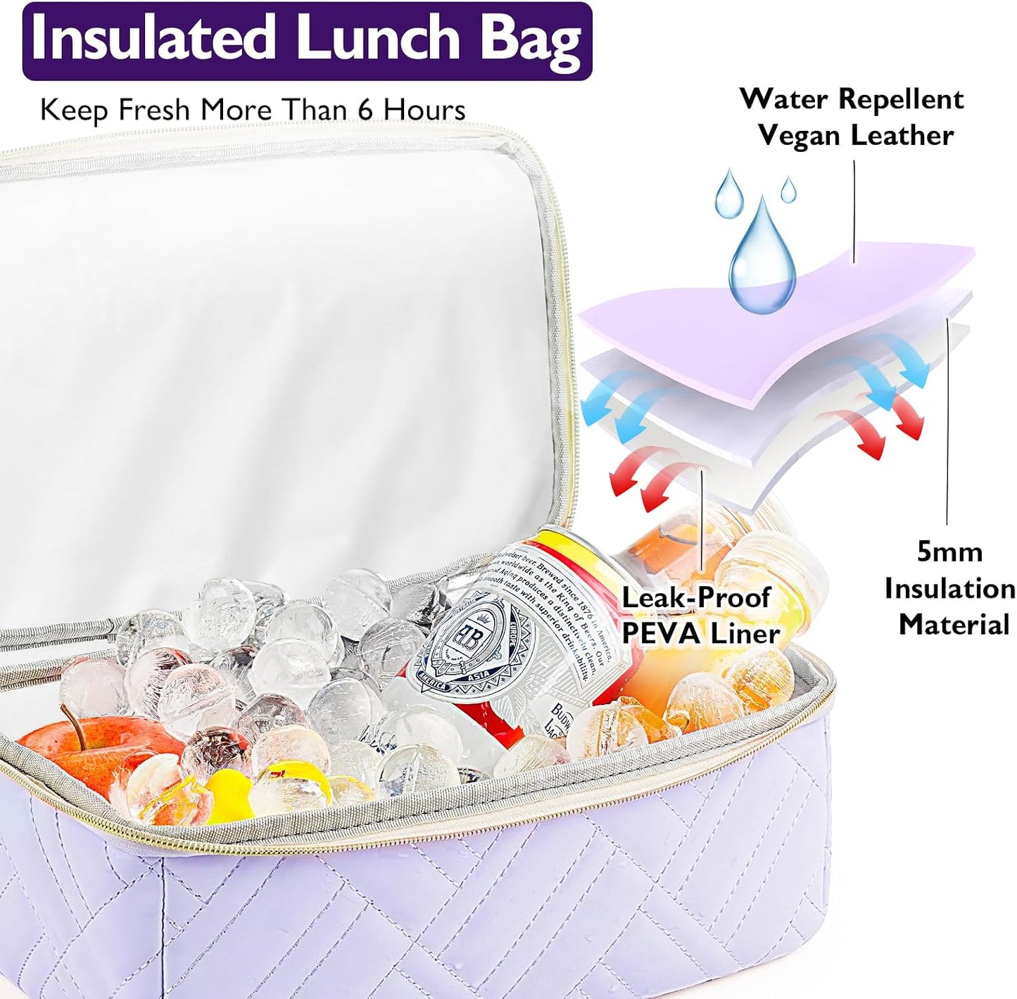 Double Deck Lunch Box Bag Women - Vegan Leather Insulated Waterproof Leakproof Cooler for Work Travel Picnics - Teacher Mothers Day Christmas Birthday Gifts