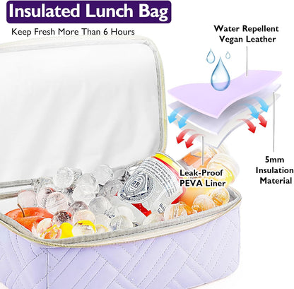 Double Deck Lunch Box Bag Women - Vegan Leather Insulated Waterproof Leakproof Cooler for Work Travel Picnics - Teacher Mothers Day Christmas Birthday Gifts