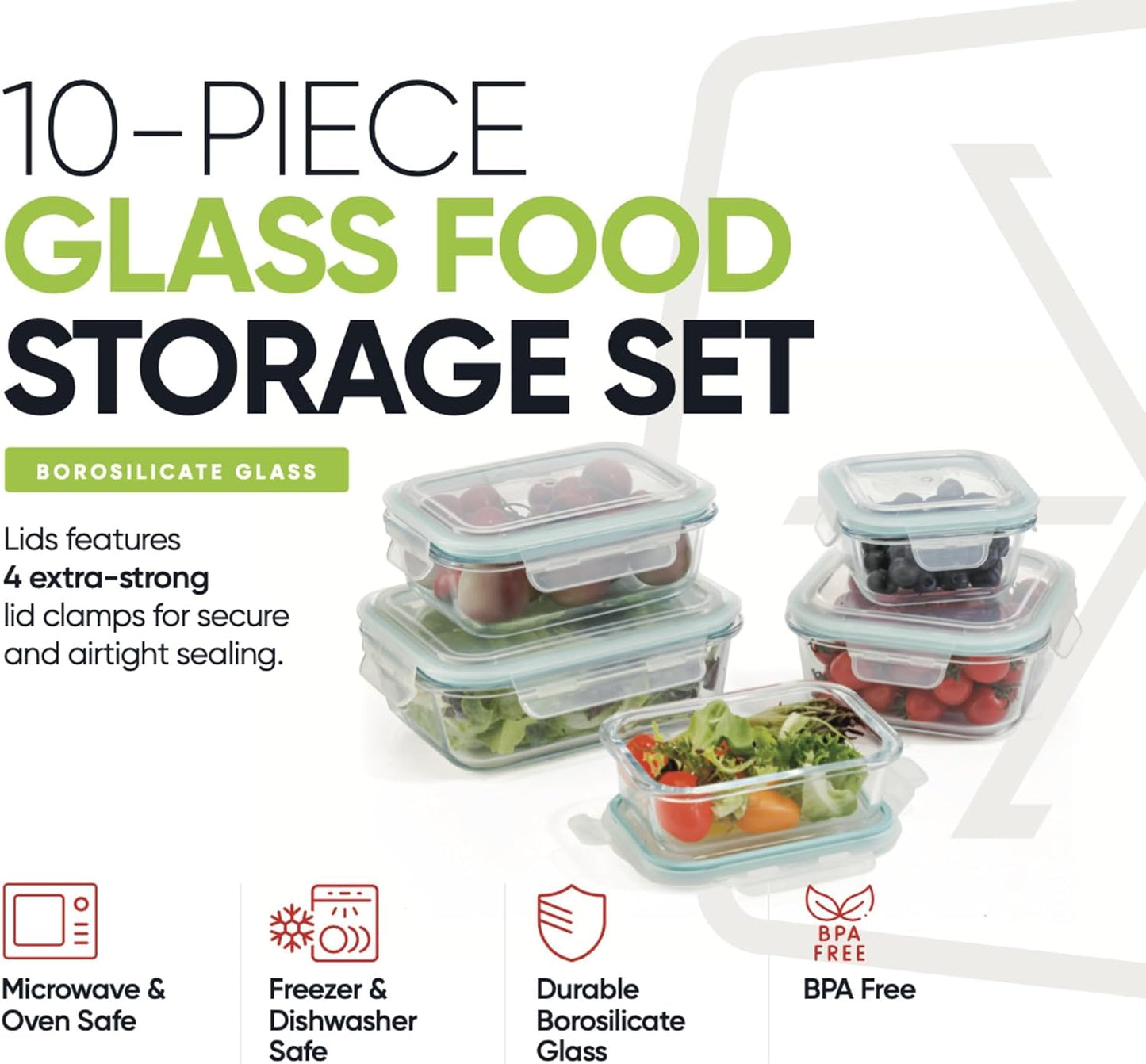 DURA LIVING Airtight Glass Food Storage Containers with Lids - 10 Piece Set, Borosilicate Glass Meal Prep Containers, Leak Proof, Oven Microwave Freezer Dishwasher Safe, BPA-Free