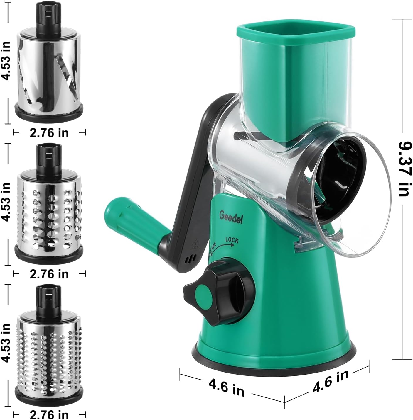 Geedel Rotary Cheese Grater, Kitchen Mandoline Vegetable Slicer with 3 Interchangeable Blades, Easy to Clean Rotary Grater Slicer for Cheese, Vegetables, Nuts