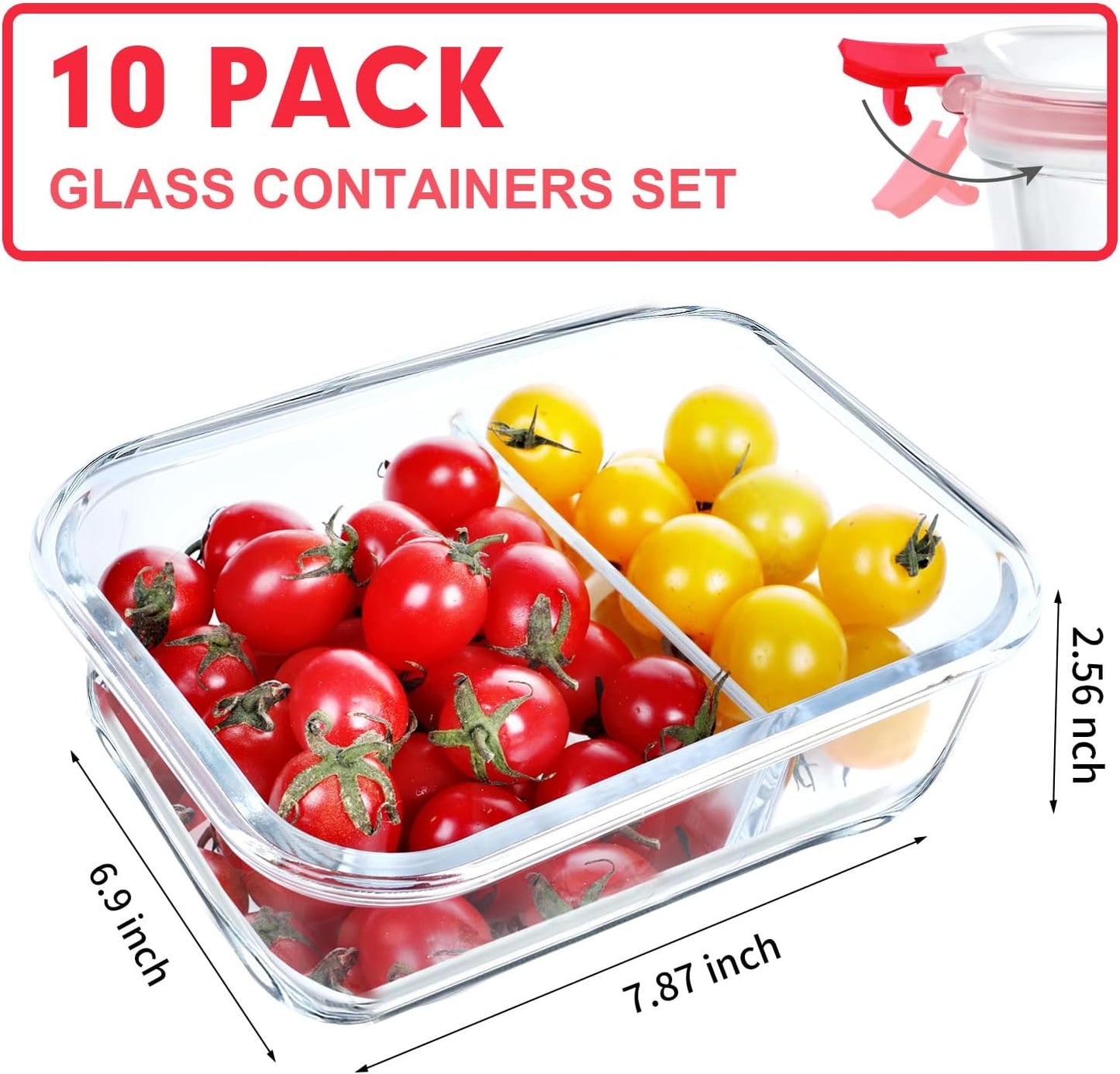 VERONES 10 Pack Glass Meal Prep Containers 2 Compartment Set, 30 OZ Airtight Glass Lunch Containers, Glass Food Storage Containers with Lids, for Microwave, Oven, Freezer & Dishwasher Friendly，Grey