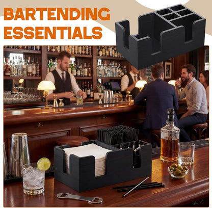 Mifoci Wooden Bar Caddy with 6 Compartments, Acacia Wood Bar Caddy Napkin & Straw Holder Organizer Cocktail Napkin Holder Condiments for Home Office Kitchen Countertop (Brown, 10.6 L x 5.5 W)