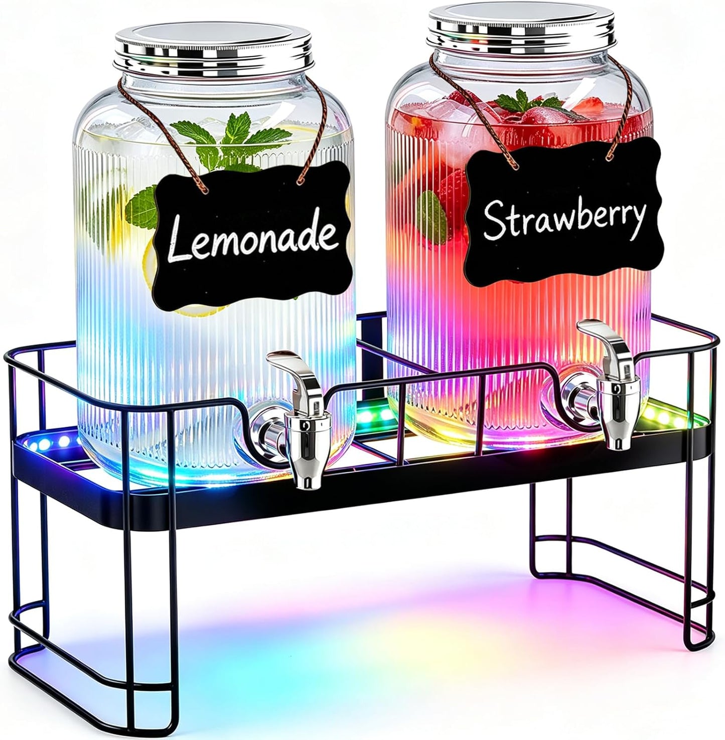 PAROTO Drink Dispensers for Parties, 2 Pack 1 Gallon Glass Beverage Dispenser with Stand and LED Strip Light, Lemonade Juice Water Dispenser with Spigot for Wedding Bar Picnic BBQ Buffet Event