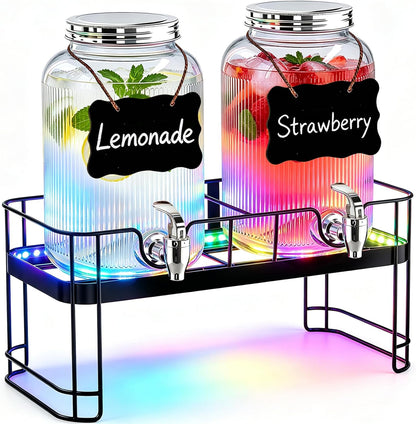 PAROTO Drink Dispensers for Parties, 2 Pack 1 Gallon Glass Beverage Dispenser with Stand and LED Strip Light, Lemonade Juice Water Dispenser with Spigot for Wedding Bar Picnic BBQ Buffet Event
