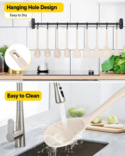 Silicone Cooking Utensils Set, 9 Pcs Heat Resistant Kitchen Utensils with Back Hooks, BPA Free Kitchen Tools with Spatulas, Spoons, Skimmer and Pasta Fork for Non Stick Cookware(KHAKI)