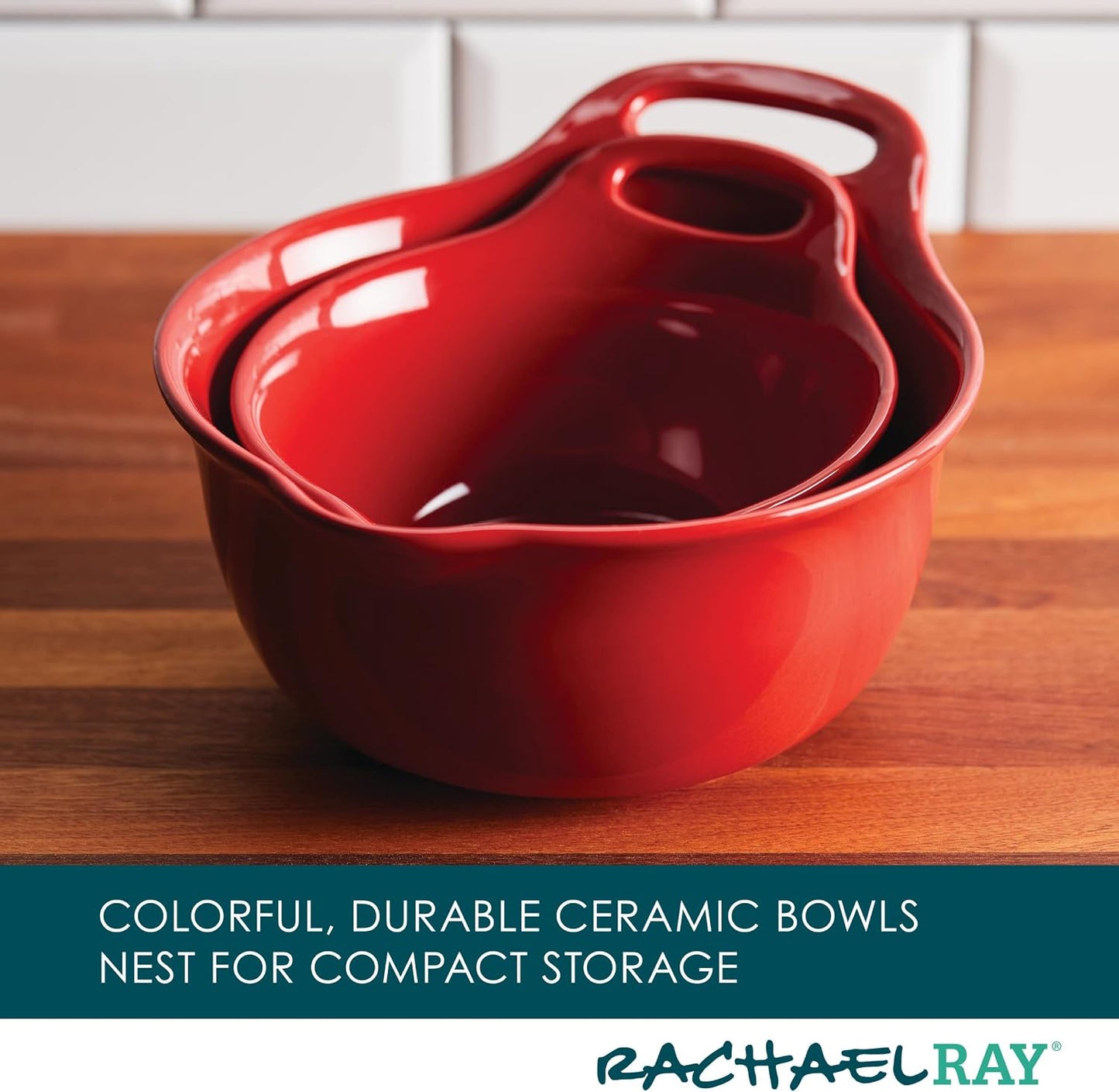 Rachael Ray Ceramics Nesting Mixing Bowl Set with Pour Spout, 1 Quart and 2 Quart, Teal