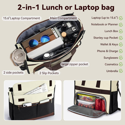 PASMAN Insulated Lunch Bag for Women, 15.6" Laptop Tote with Leakproof Cooler Compartment for Nurse Teacher Work Office and Outdoor