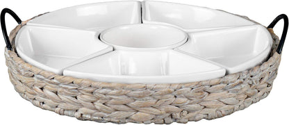 Ceramic Serving Tray, Food Tray 15.5 x 15.5 Inches,Divided Serving Platter with 6 Removable Dishes, Portable Handle Cattail Serving Bowls,Perfect for or Chips and Dip,Natural