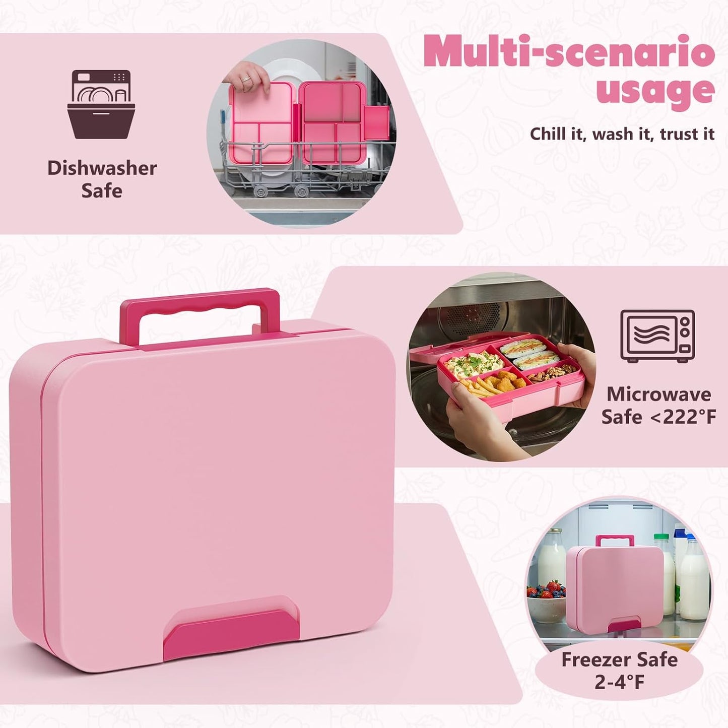 Bento Box Set with 9.5oz Soup Thermo Kids Leak-proof Lunch Box Container with 4 Compartment Stainless Steel Insulated Hot Food Jar with Bag for School Travel - Pink