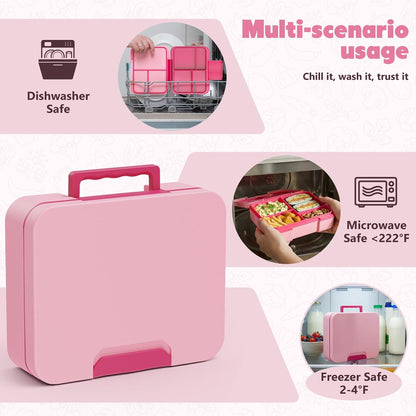 Bento Box Set with 9.5oz Soup Thermo Kids Leak-proof Lunch Box Container with 4 Compartment Stainless Steel Insulated Hot Food Jar with Bag for School Travel - Pink