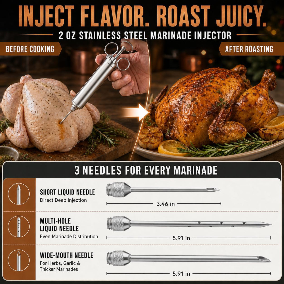 Turkey Injector Kit with 2 oz 304 Stainless Steel Meat Injector Syringe, 15-Piece Set, 3 Needles, Meat Claws, Basting Brush, Cleaning Brushes, Spare Seals and Case for BBQ, Brisket and Poultry (015)