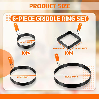Patelai 6 Pcs Egg Rings Griddle Pancake Molds, Round Style, 4, 6, 8 Inch
