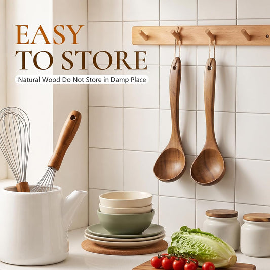 2 Pcs Acacia Soup Ladle with Long Handle, 10.6" Natural Wooden Serving Spoon, Wood Kitchen Utensil Set for Cooking Stirring Cookware