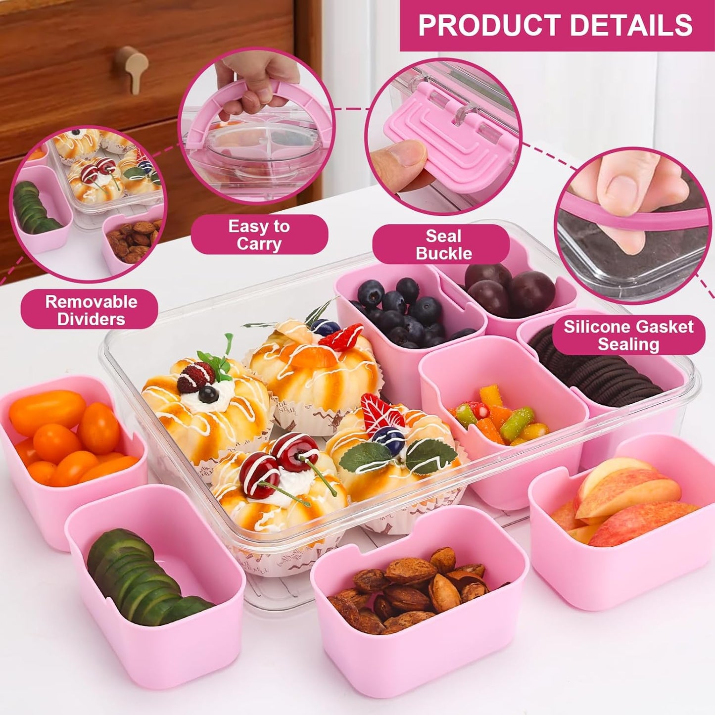 shopwithgreen 2Pcs Divided Serving Tray with Lid and Handle, Portable Snackle Box Snack Containers for Charcuterie, Party, Veggies, Snack, Fruit, Nuts, Candy, Chip, Entertaining, Picnic
