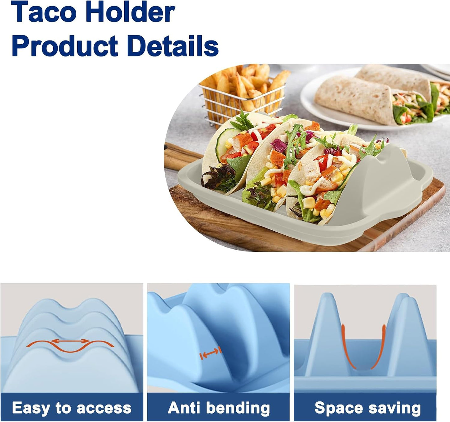 Silicone Taco Holder Set of 4 - Reusable Taco Stands with Dividers, Taco Tuesday Kit for Family Mexican Meals, Non-Slip Sturdy Taco Tray Racks, Dishwasher & Microwave Safe