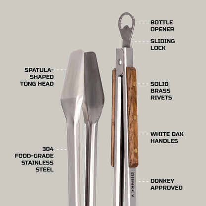 Donkey Tong 27" Heavy Duty BBQ Tongs | Extra Long Grill Tongs with Oak Wood Handle | Handmade Stainless Steel Meat Tongs for Grilling, Smoking, Charcoal & Campfire Cooking | BBQ Gift for Grill Masters