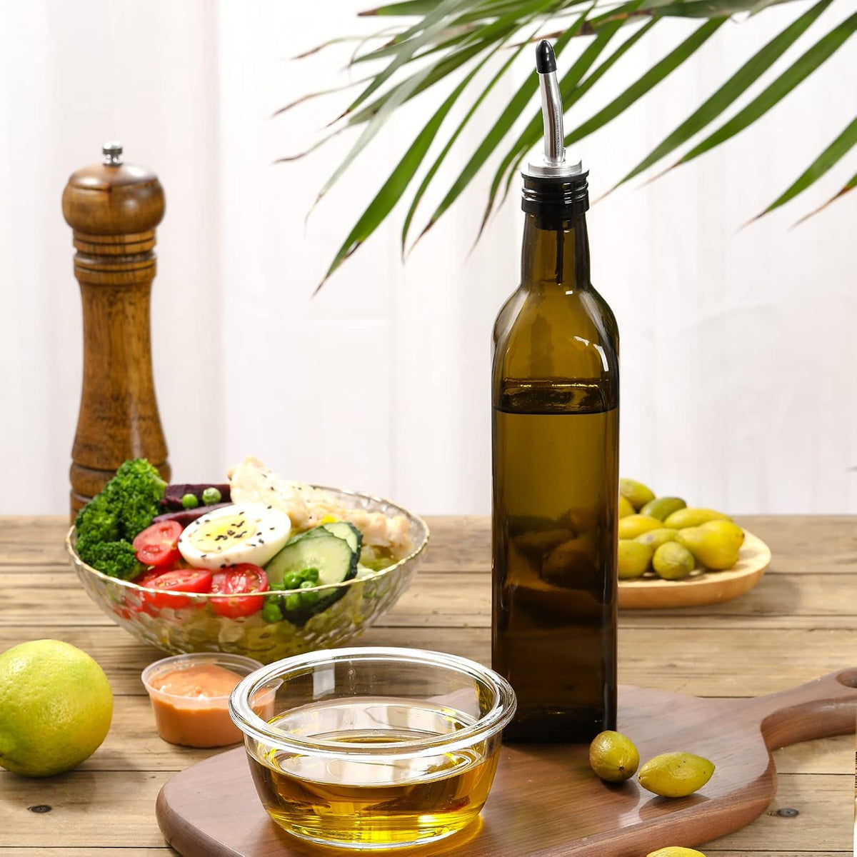 AOZITA 17oz Glass Olive Oil Bottle Dispenser - 500ml Green Oil and Vinegar Cruet with Pourers and Funnel - Olive Oil Carafe Decanter for Kitchen
