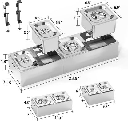 Pizza Topping Station for Pizza Oven Table, Stainless Steel Pizza Container with 6 Seasoning Containers with Lids, for Prepping Ingredients and Toppings, Oven Accessories Outdoor