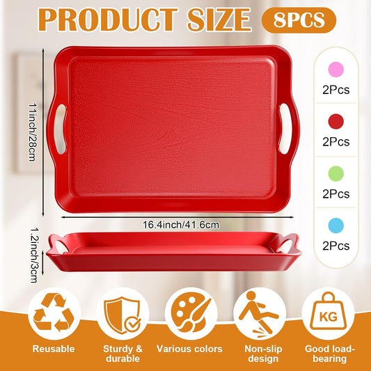 Thyle 4 Pcs Serving Trays with Handles - 16.4 x 11 Inch Large Rectangular Non-Slip Multi-Purpose Plastic Ottoman Tray Platters Decorative for Holiday Party Kitchen Dining Table (Bright Color)