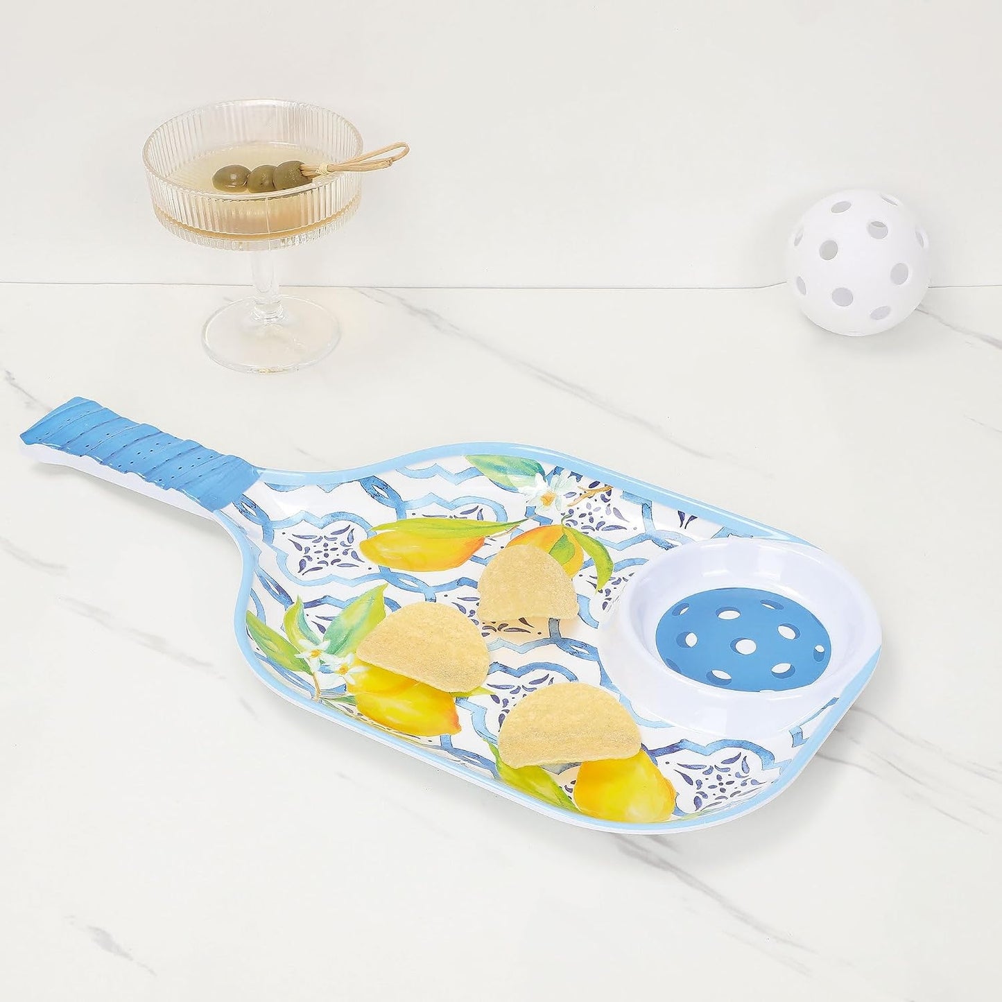 UPware Flamingo Melamine Chip and Dip Snack Tray, Tropical Floral Pickleball Paddle Shape Platter for Chips, Salsa, Fruits, and Appetizers, 15.75 x 8 Inch