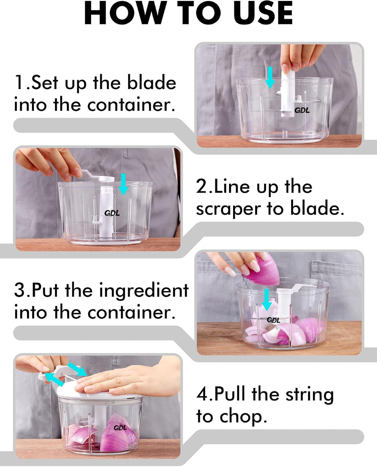 GDL Food Chopper, Vegetable Chopper, Pull String Onion Chopper Dicer, 800ML