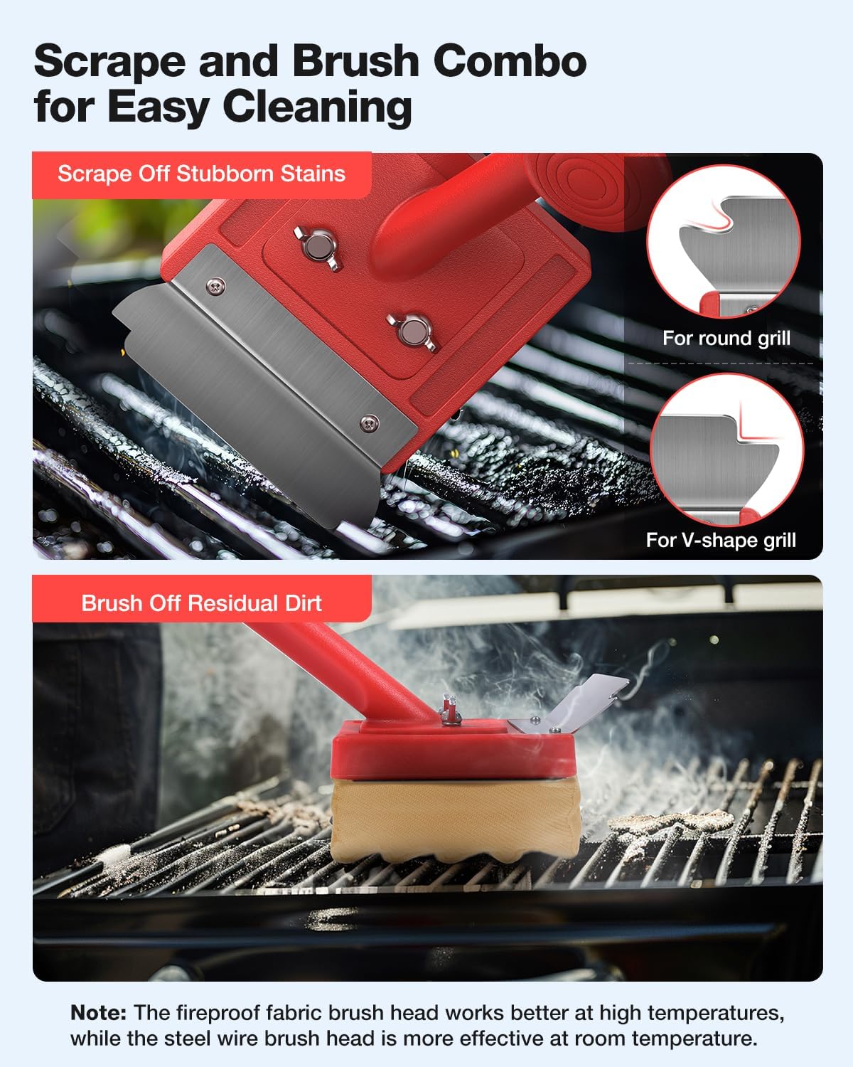 Grill Brush, Bristle Free, Safe Wire Bristles Steam Cleaning Brush, Cleaning Kit for Outdoor Grill, BBQ Cleaner Accessories, 2 Replacement Heads（Bristle Free & Wire Bristles）