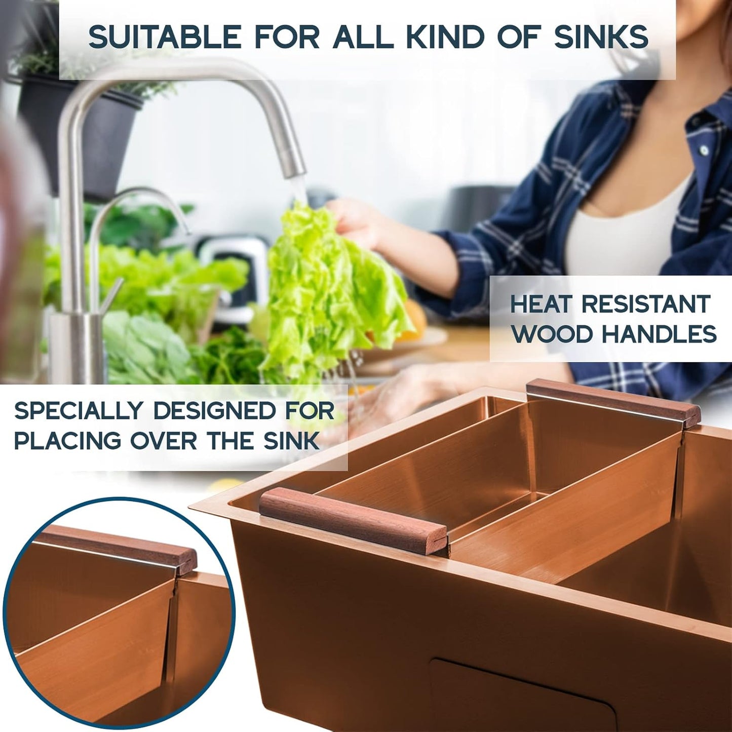 Strictly Sinks Gold Stainless Steel Colander - Premium Quality Over the Sink Colander with Non-Slip Handles, Sink Colander for Kitchen Sink to Rinse Fruits & Vegetables(17-3/8" x 8-1/8" x 4-3/4")