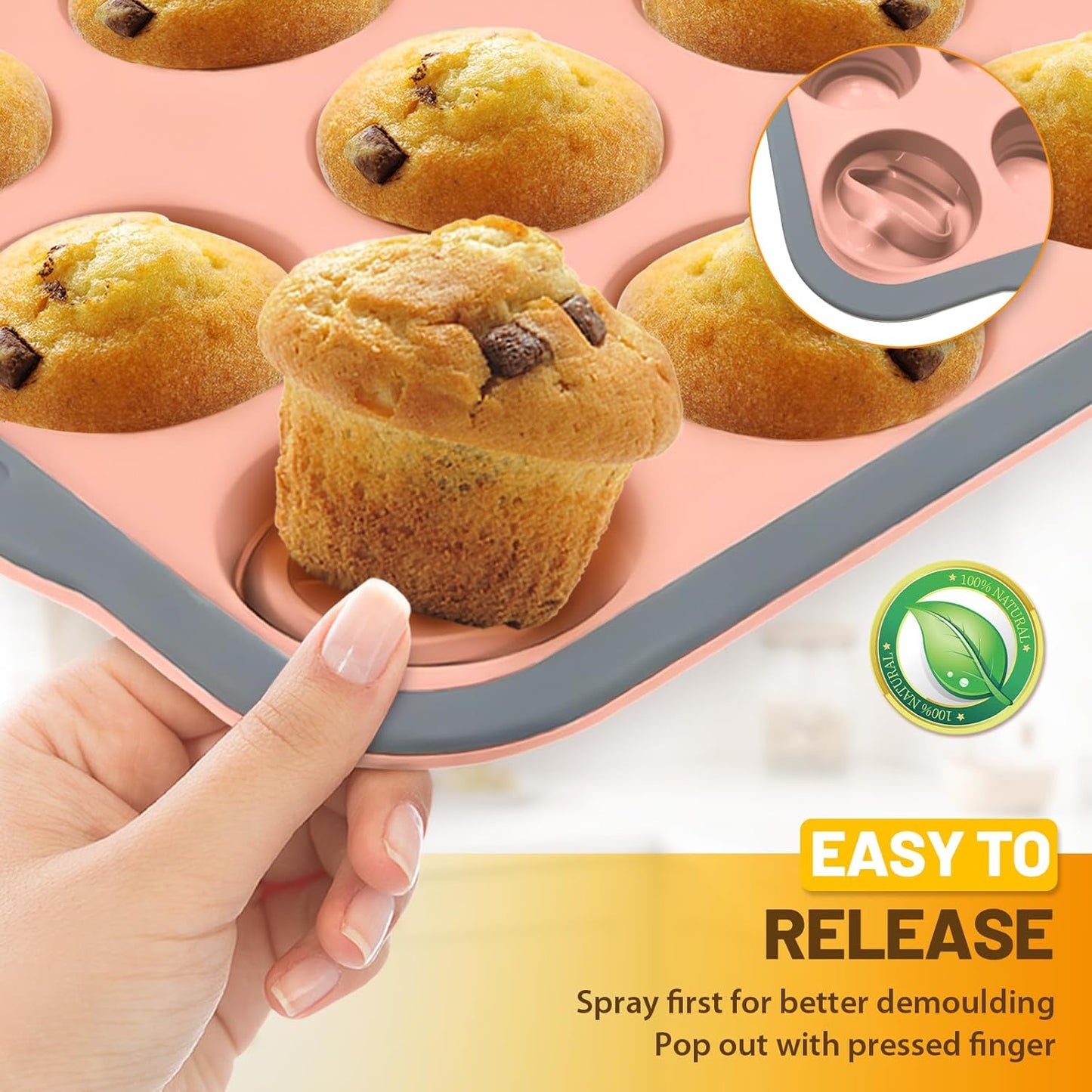 Silicone Muffin Pan, 12 Cups Non-Stick Cupcake Pan, Food-Grade BPA-Free Muffin Tin, Oven-Safe 450 °F, Reinforced Steel Frame, Easy-Grab Handles, Quick-Release 2.3" Baking Molds for Mini Treats