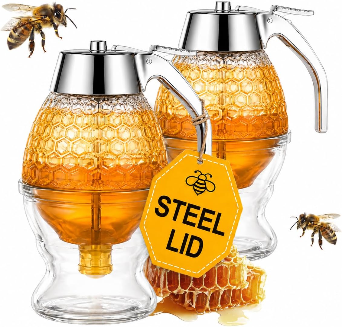 [2 PACK] Glass Honey Dispenser with Stainless Steel Top | Bee-Themed Jar