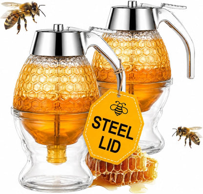 [2 PACK] Glass Honey Dispenser with Stainless Steel Top | Bee-Themed Jar